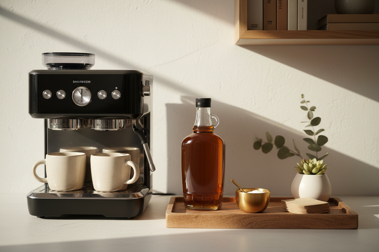 Génère une image d'une bouteille de sirop d'érable sans étiquette au centre d'une station à café à la maison, ambiance chic, aesthetic et chaleureux